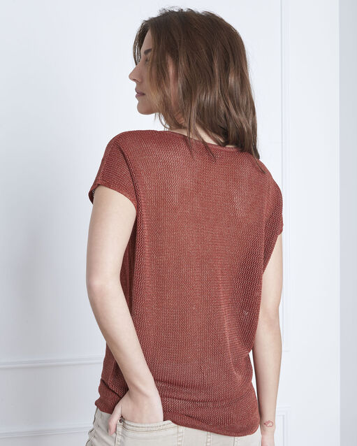 Pull acajou encolure v en lurex amande sable.