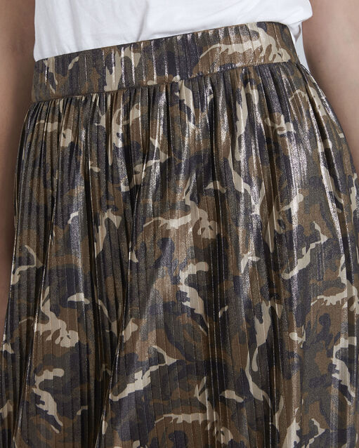 Jupe kaki plissée imprimé camouflage sable kaki.