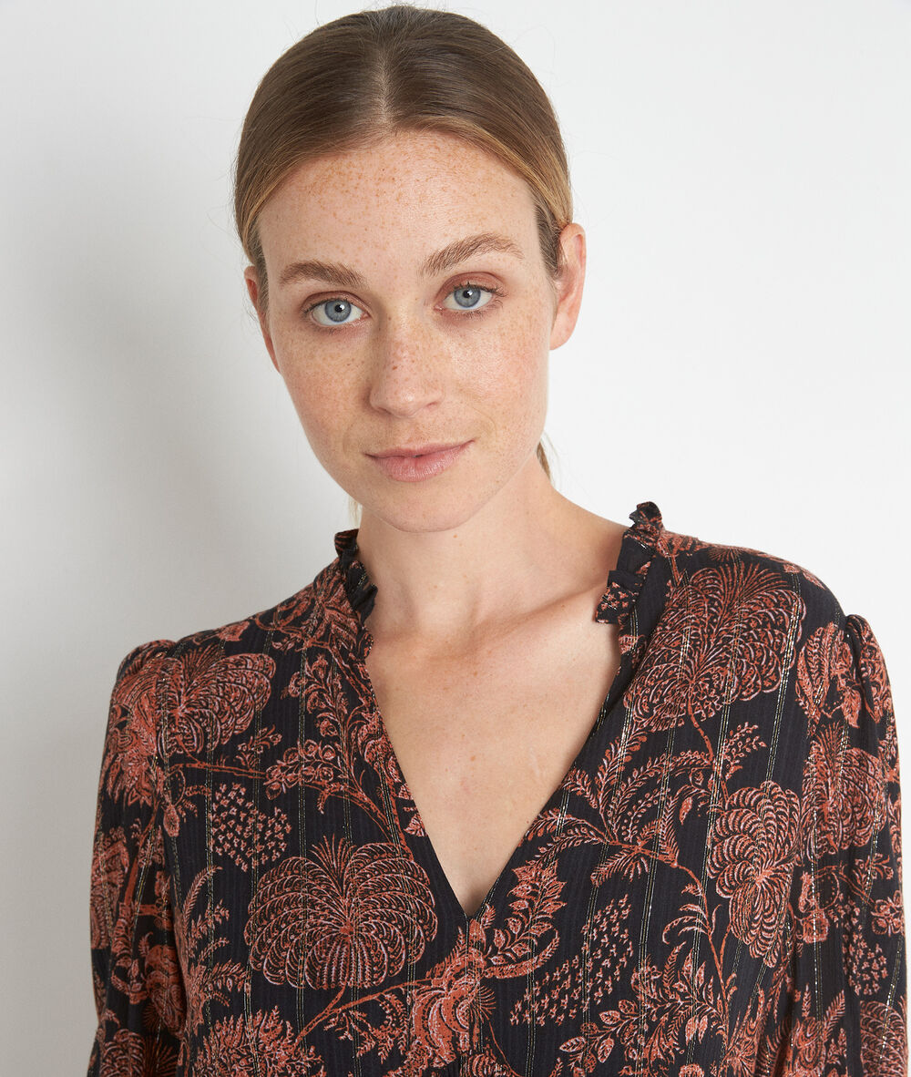 Robe courte imprimée noir et orange lais noir.