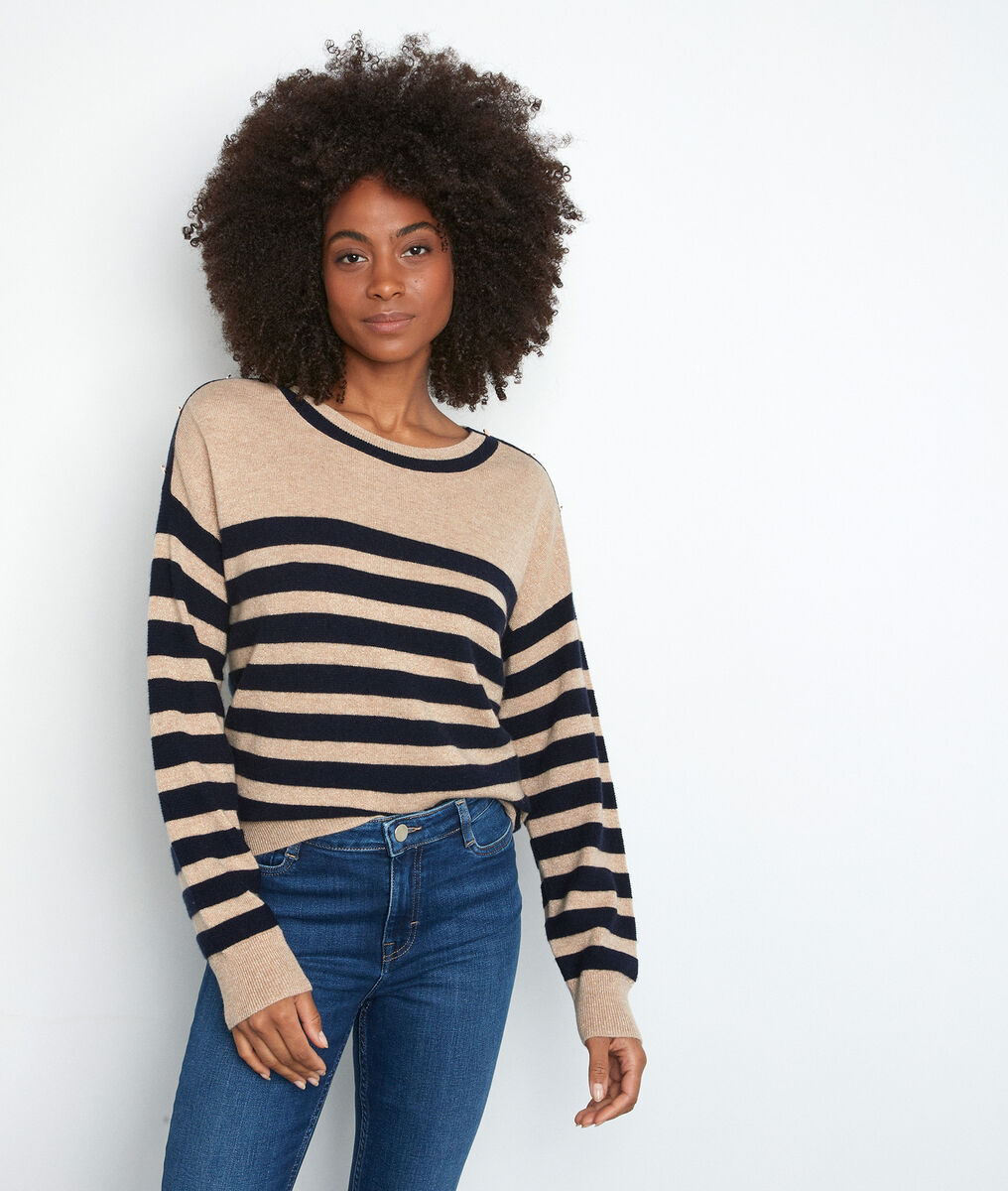 Pull en laine et cachemire rayé beige et bleu Tiffany | 1-2-3 Pull en laine et cachemire rayé beige et bleu Tiffany PhotoZ | 1-2-3