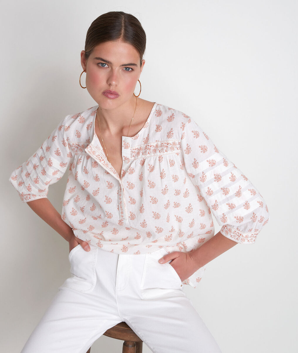 Blouse en coton imprimé écru et orange Aria | 1-2-3 Blouse en coton imprimé écru et orange Aria PhotoZ | 1-2-3
