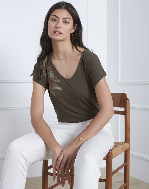 Tee-shirt kaki broderie plume Pandore | 1-2-3 Tee-shirt kaki broderie plume Pandore PhotoZ | 1-2-3