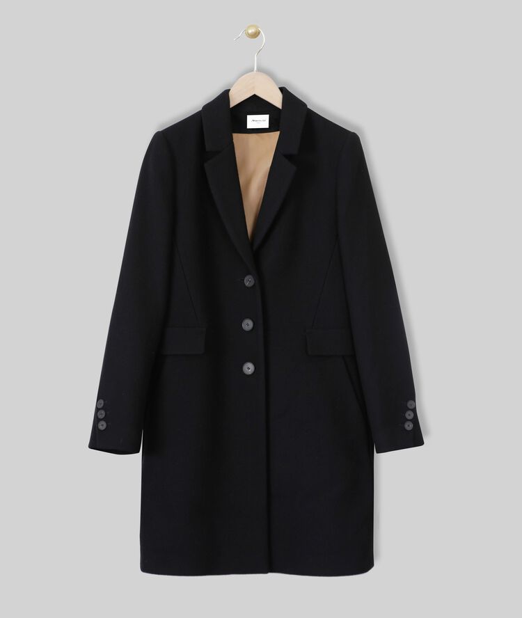 Straight-fit zwarte wollen jas plume noir.