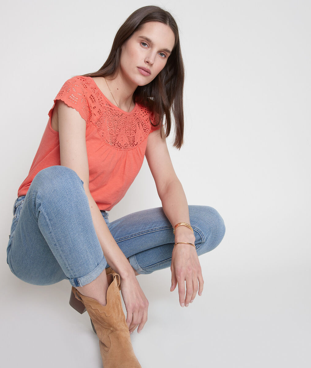 Tee-shirt en coton et dentelle corail Ecume | 1-2-3 Tee-shirt en coton et dentelle corail Ecume PhotoZ | 1-2-3