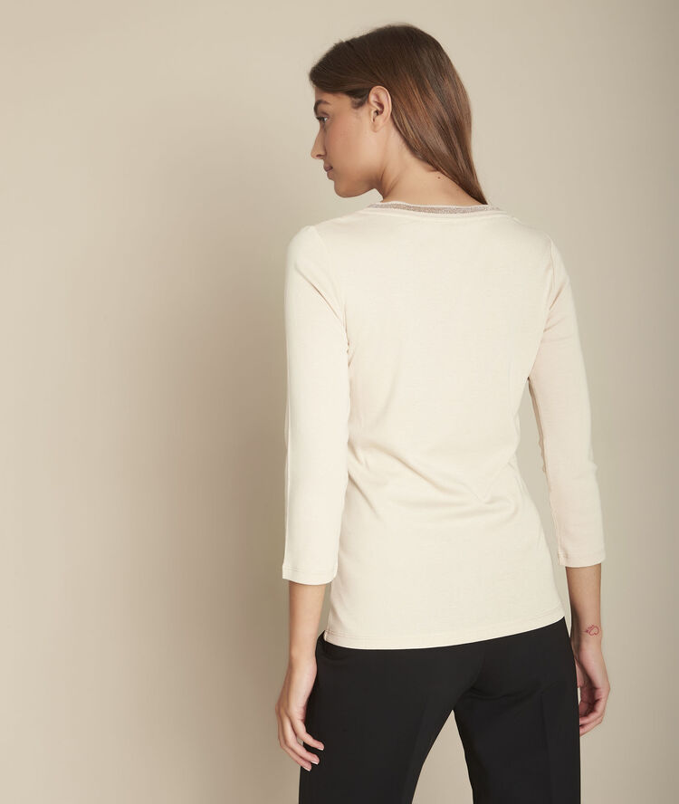 Tee-shirt beige encolure fantaisie calypso ficelle.