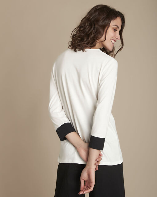 Blouse bimatière col v mel ecru.