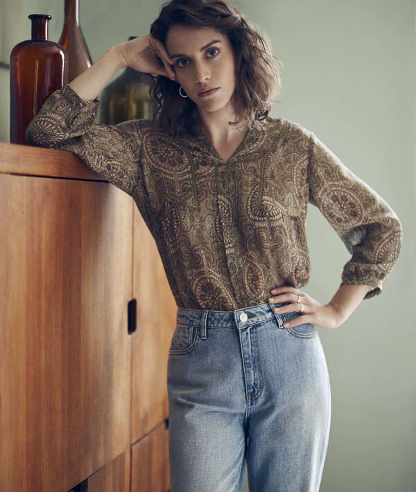 Blouse kaki imprimé cachemire Martine | 1-2-3 Blouse kaki imprimé cachemire Martine PhotoZ | 1-2-3