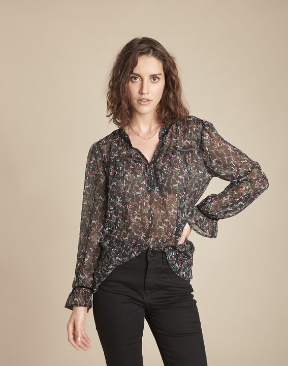 Blouse noire imprimé fleuri biais velours Marcelline | 1-2-3 Blouse noire imprimé fleuri biais velours Marcelline PhotoZ | 1-2-3