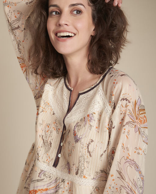 Ecrufarbene Bluse mit floralem Druckmuster und Spitze, Milo (1) - Maison 123