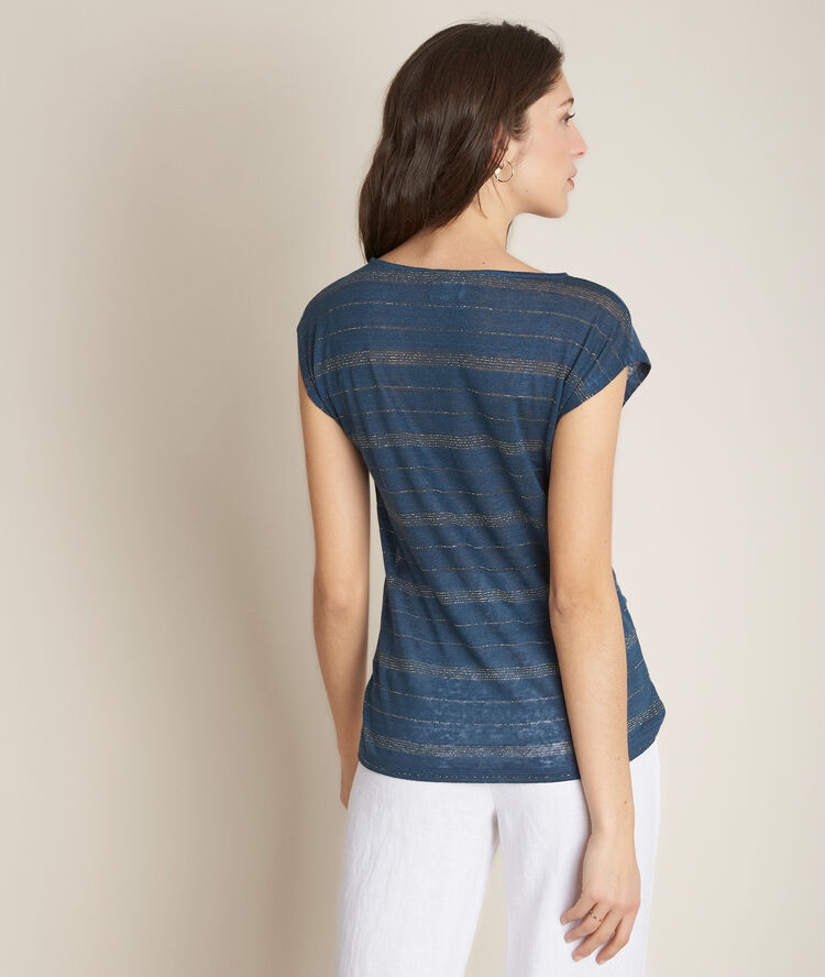 Tee-shirt en lin rayé rebus violine.
