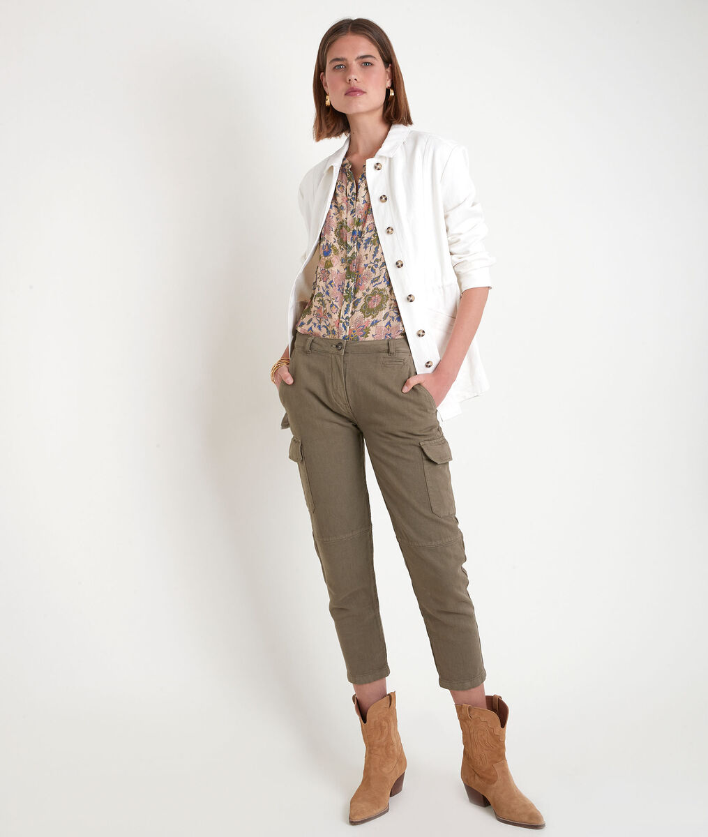 Blouse sans manches à épaulettes imprimée olive Tracy | 1-2-3 Blouse sans manches à épaulettes imprimée olive Tracy PhotoZ | 1-2-3