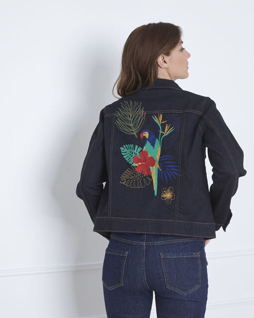 Veste en jean broderie perroquet dos famous marine.