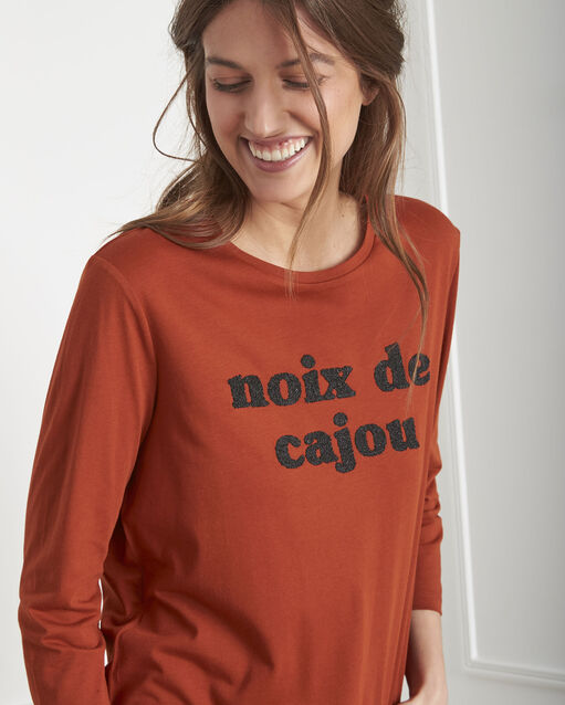 Tee-shirt acajou broderie perles pecan sable.