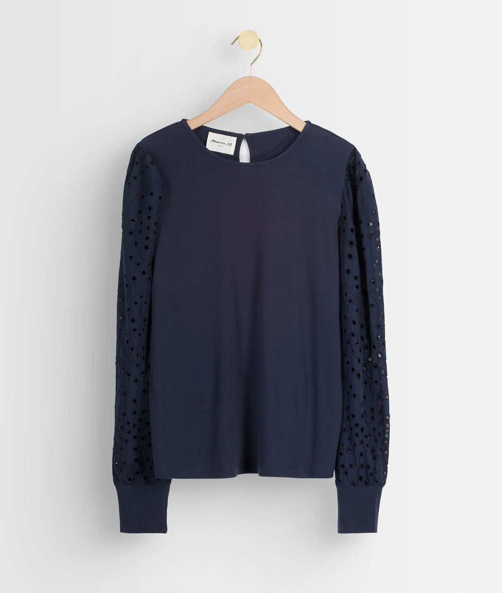 Marineblauw katoenen t-shirt met geborduurde mouwen elodie denim brut.