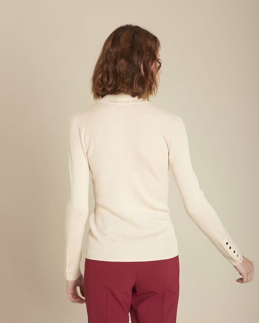 Pull beige côtelé col roulé florale ficelle.