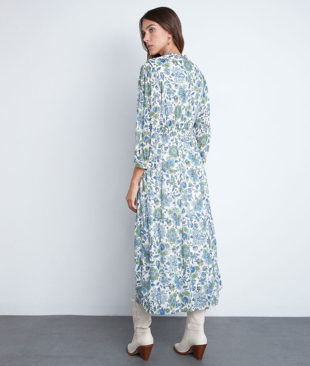 Robe longue bohème à l'imprimé floral bleu et vert carola ecru.
