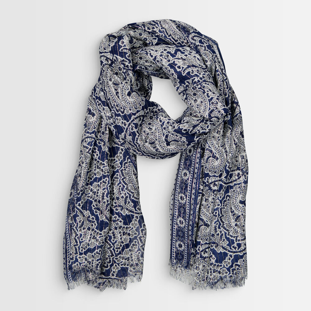 Foulard imprimé cachemire bleu bianca encre.