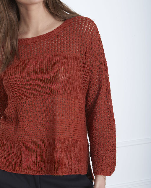 Pull acajou maille fantaisie coton lin alesia sable.