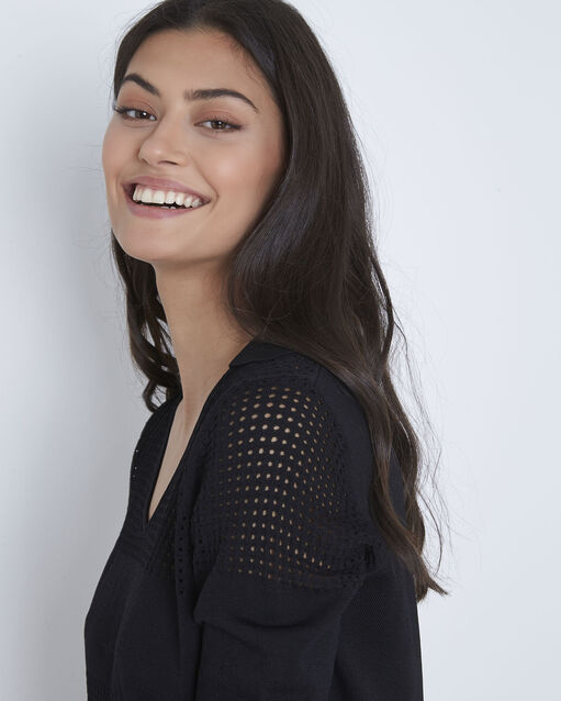 Pull noir col polo ajouré ange noir.