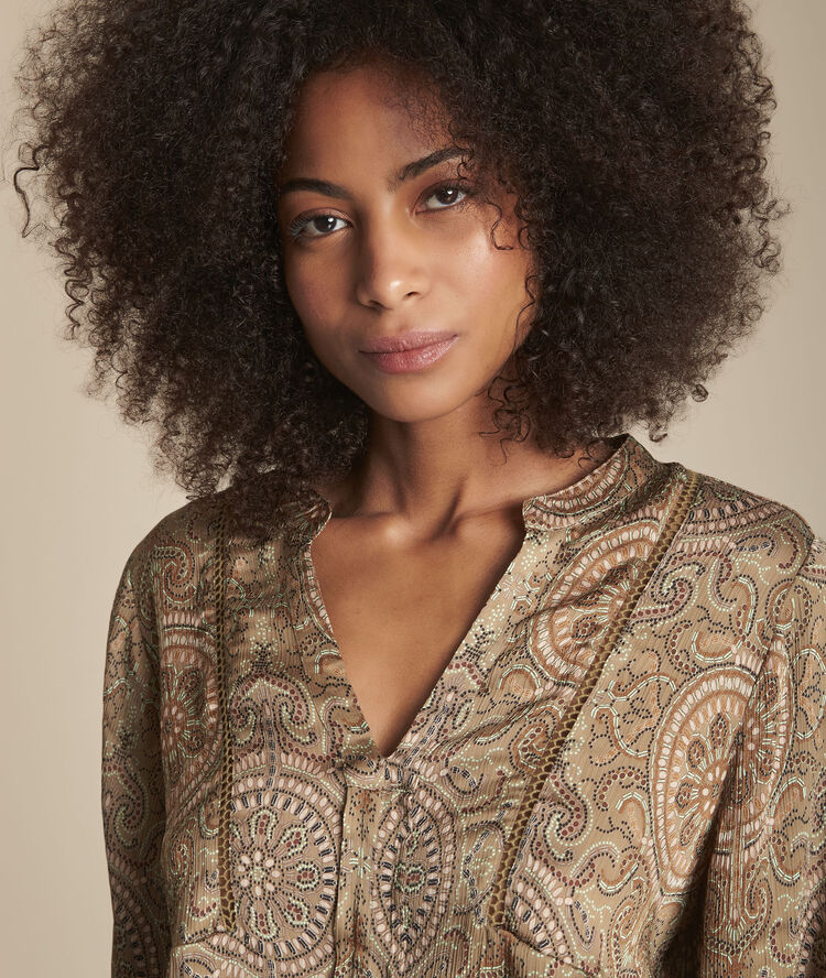 Blouse kaki imprimé cachemire martine jaune pale.