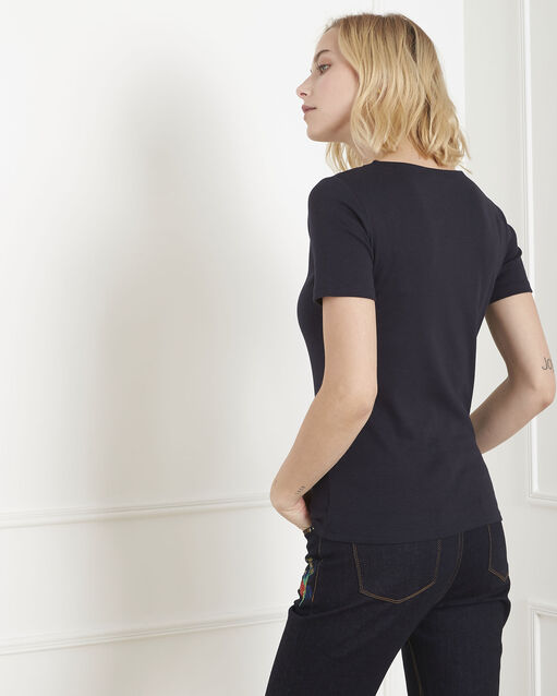 Marinefarbenes t-shirt mit lurex-ausschnitt basic marineblau.