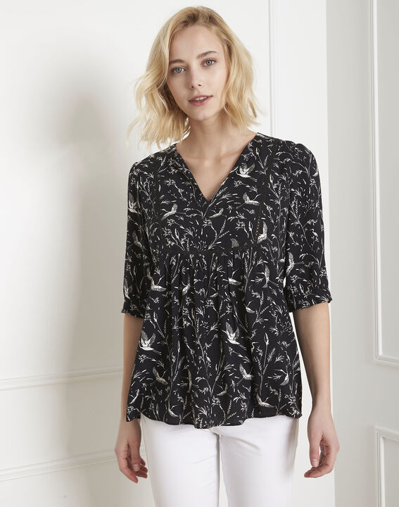 Blouse noire imprimée Vesuve | 1-2-3 Blouse noire imprimée Vesuve PhotoZ | 1-2-3