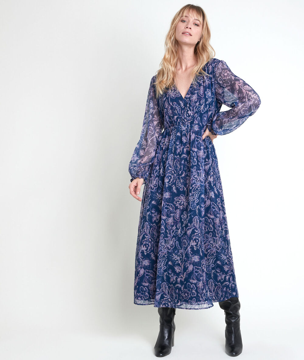 Robe longue bleue imprim&eacute;e louise bleu.