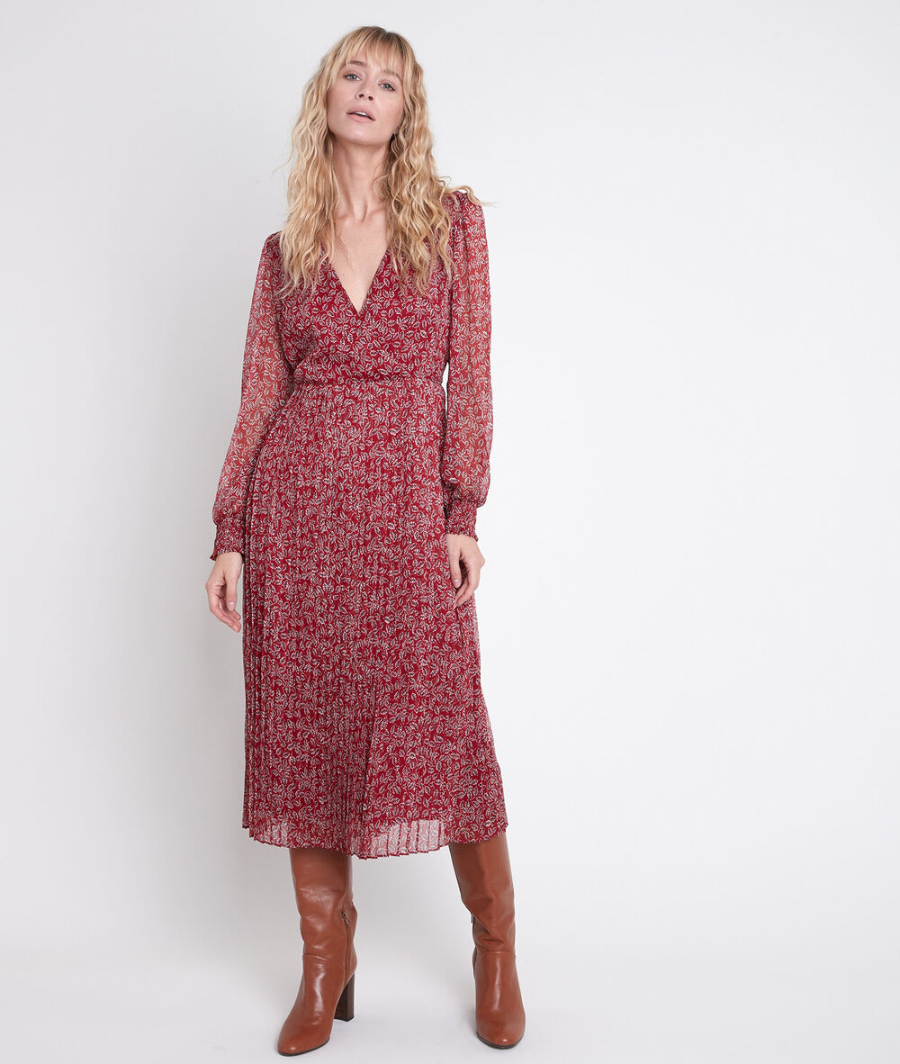 Rotes plissiertes kleid mit blumenprint caresse bourgogne.