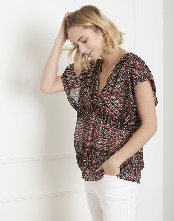 Blouse noire fluide imprimé ethnique Victorine | 1-2-3 Blouse noire fluide imprimé ethnique Victorine PhotoZ | 1-2-3