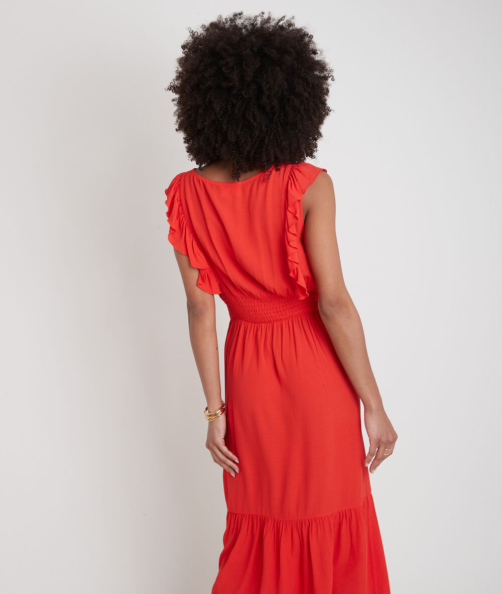 Robe mi-longue rouge à volants luce corail.