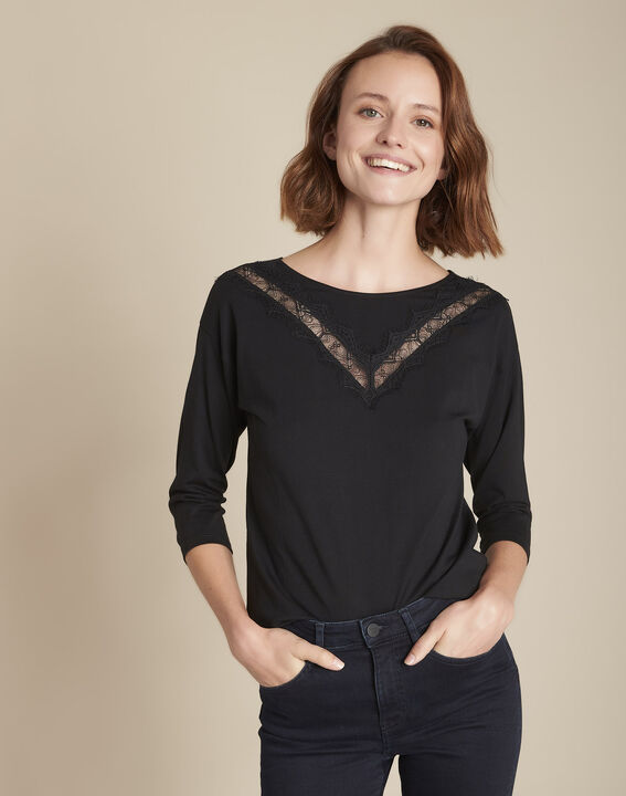 Tee-shirt noir encolure dentelle Clelia | 1-2-3 Tee-shirt noir encolure dentelle Clelia PhotoZ | 1-2-3