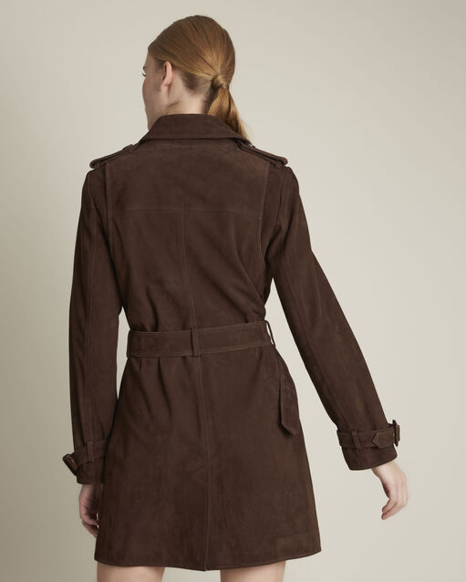 Trench marron en cuir velours qleo marron fonce.