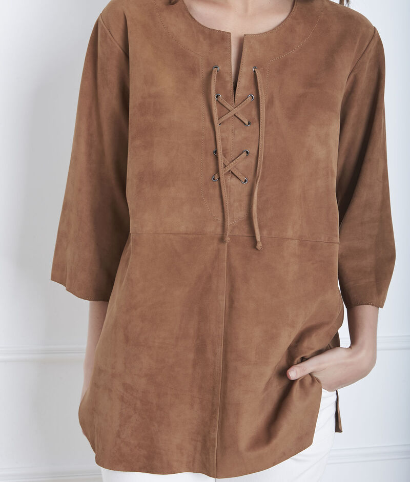 Tunique chocolat laçage en cuir velours vanak camel.