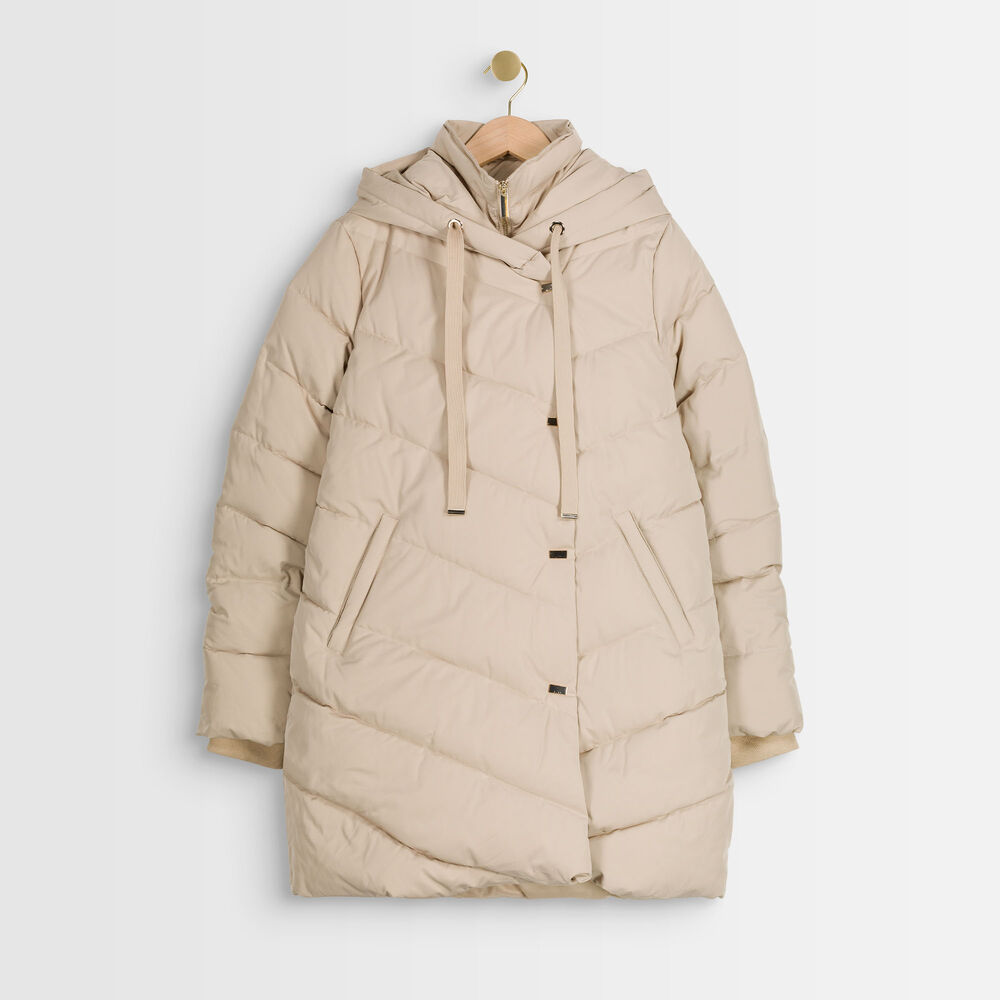 Doudoune à capuche beige lison argile.