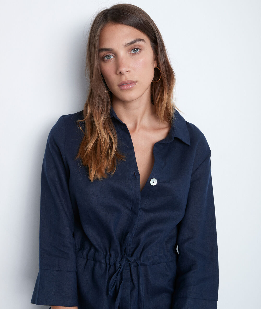 Robe chemise bleue en lin certifié luna encre.