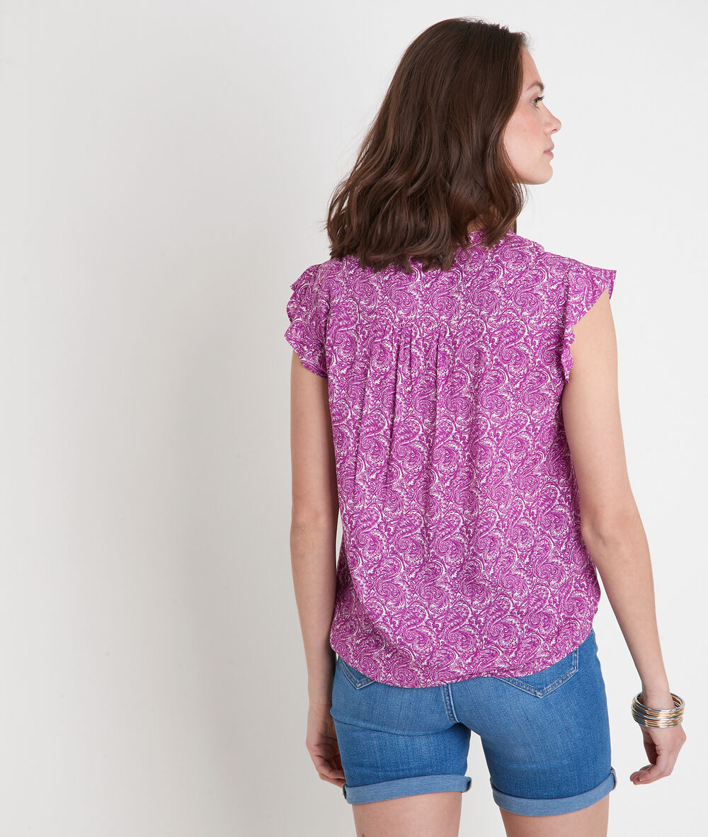 Blouse imprimée sans manche violette tela bougainvilliers.