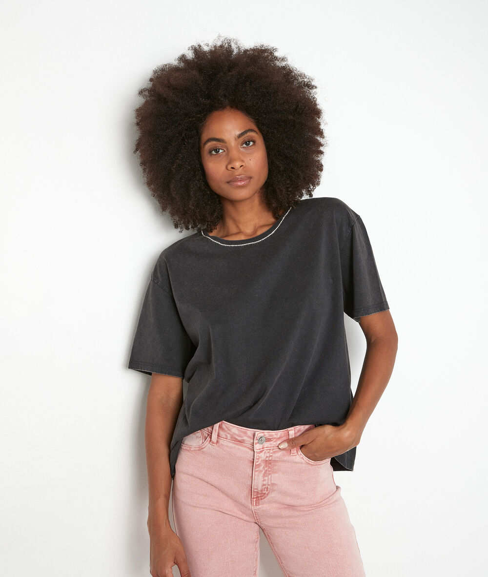 Tee-shirt en coton biologique anthracite à strass inox anthracite.