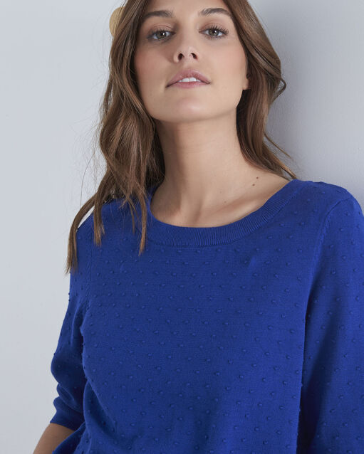 Pull bleu maille reliefée noeud gros grain adriana bleuet.