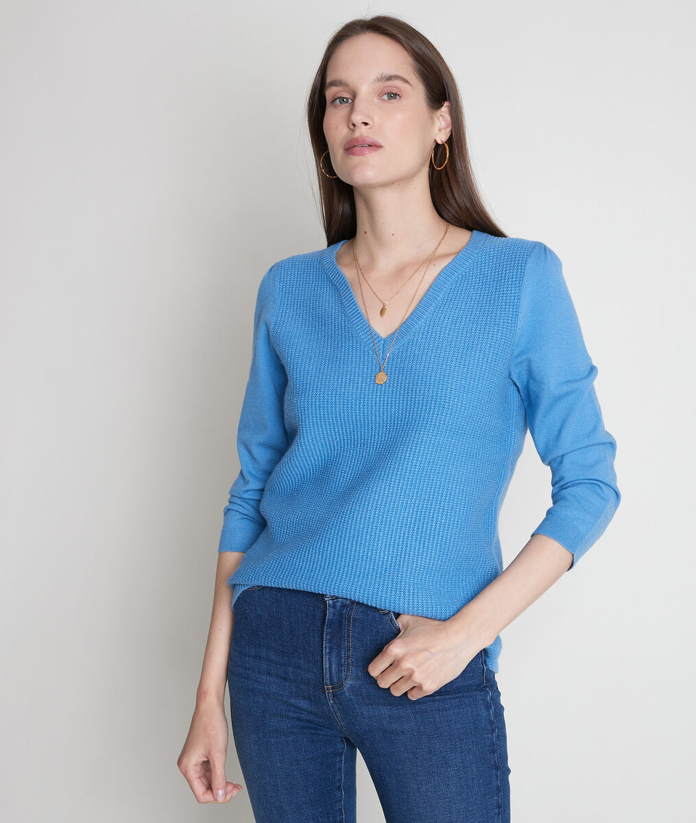Pull en double maille bleu ciel Théa | 1-2-3 Pull en double maille bleu ciel Théa PhotoZ | 1-2-3