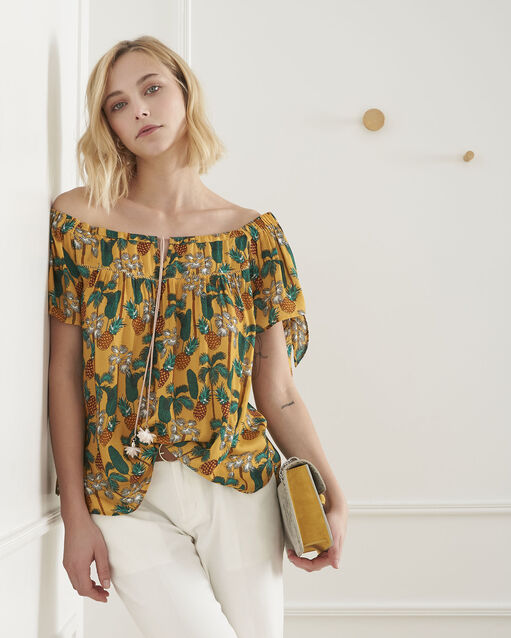 Blouse jaune imprimé ananas vananas bouton d`or.