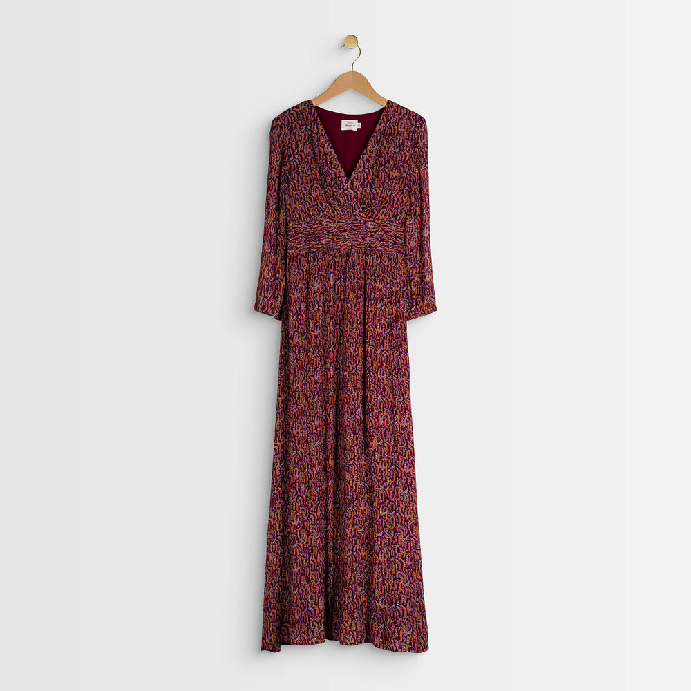 Robe longue imprimée claudine bis grenat.
