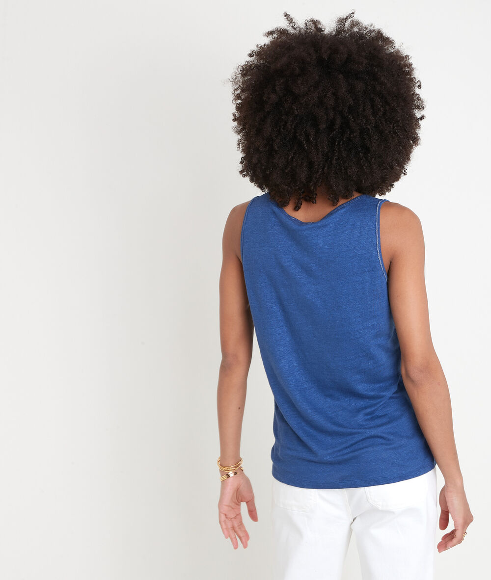 Débardeur en lin certifié bleu emilie denim brut.