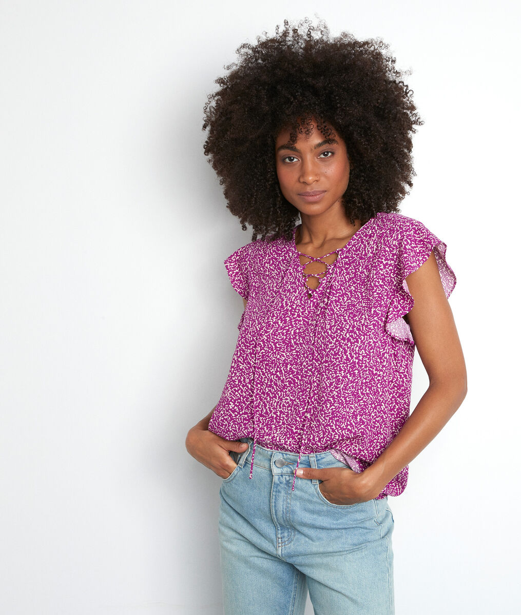 Top fluide à manches volantées imprimé fuchsia Albanne | 1-2-3 Top fluide à manches volantées imprimé fuchsia Albanne PhotoZ | 1-2-3