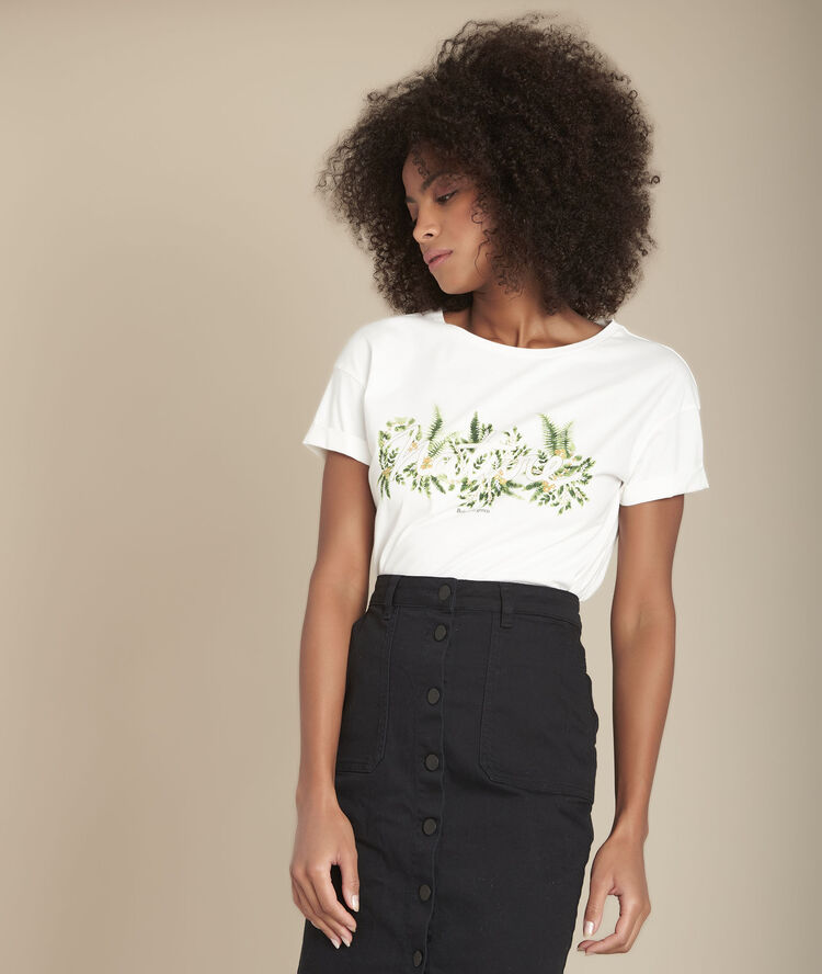 T-shirt met zeefdruk van biologisch katoen canelle ecru.