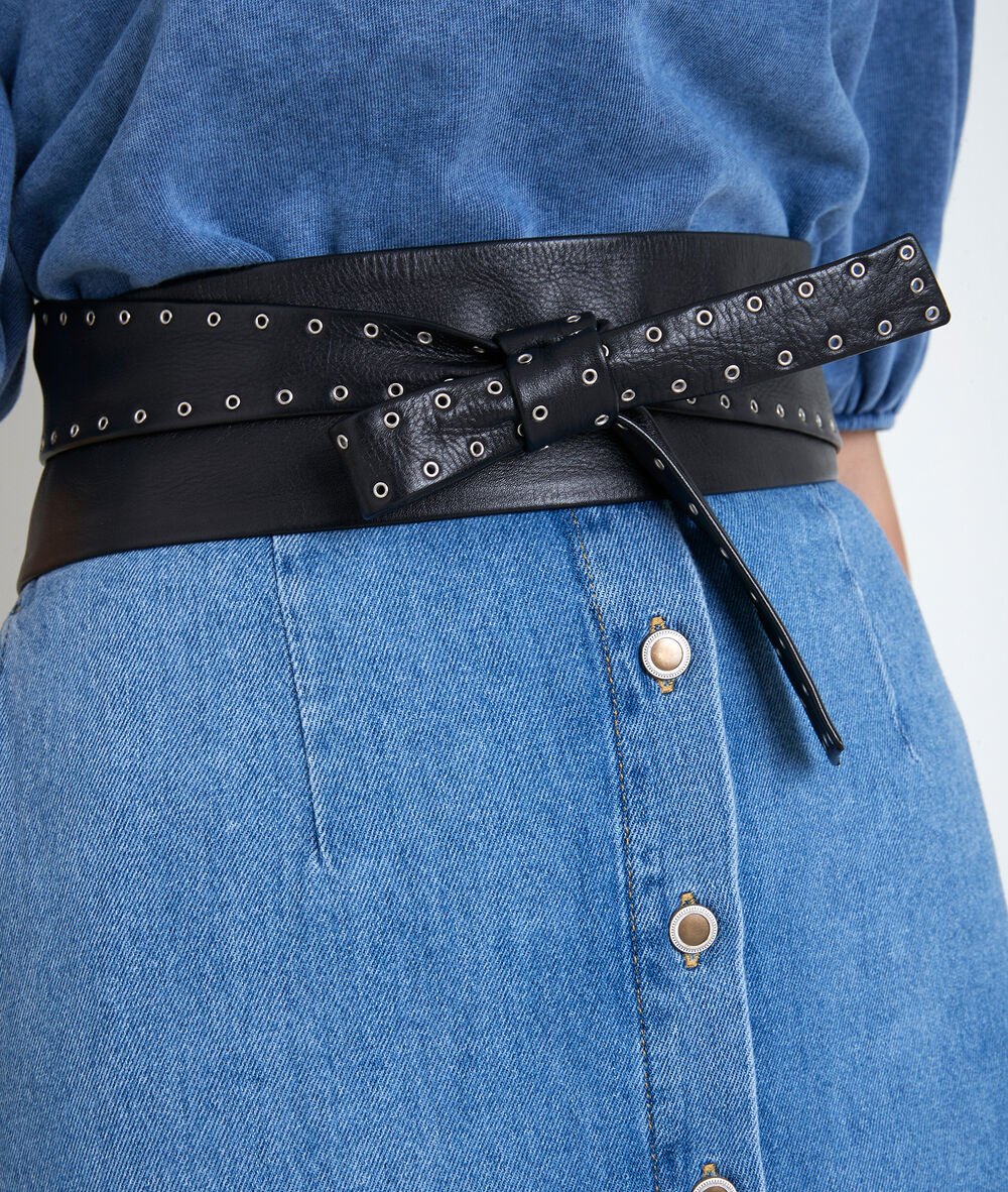 Ceinture large en cuir noire &agrave; nouer sharon noir.