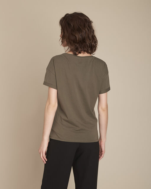 Tee-shirt kaki broderie message dentelle carthagene kaki.