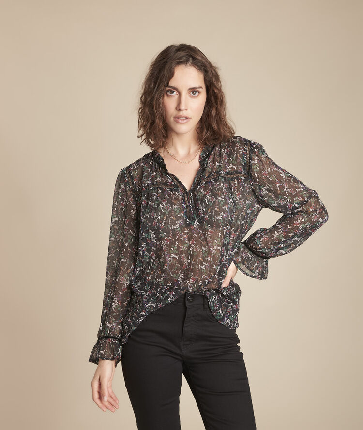 Zwarte blouse met bloemenprint en fluwelen bies marcelline noir.