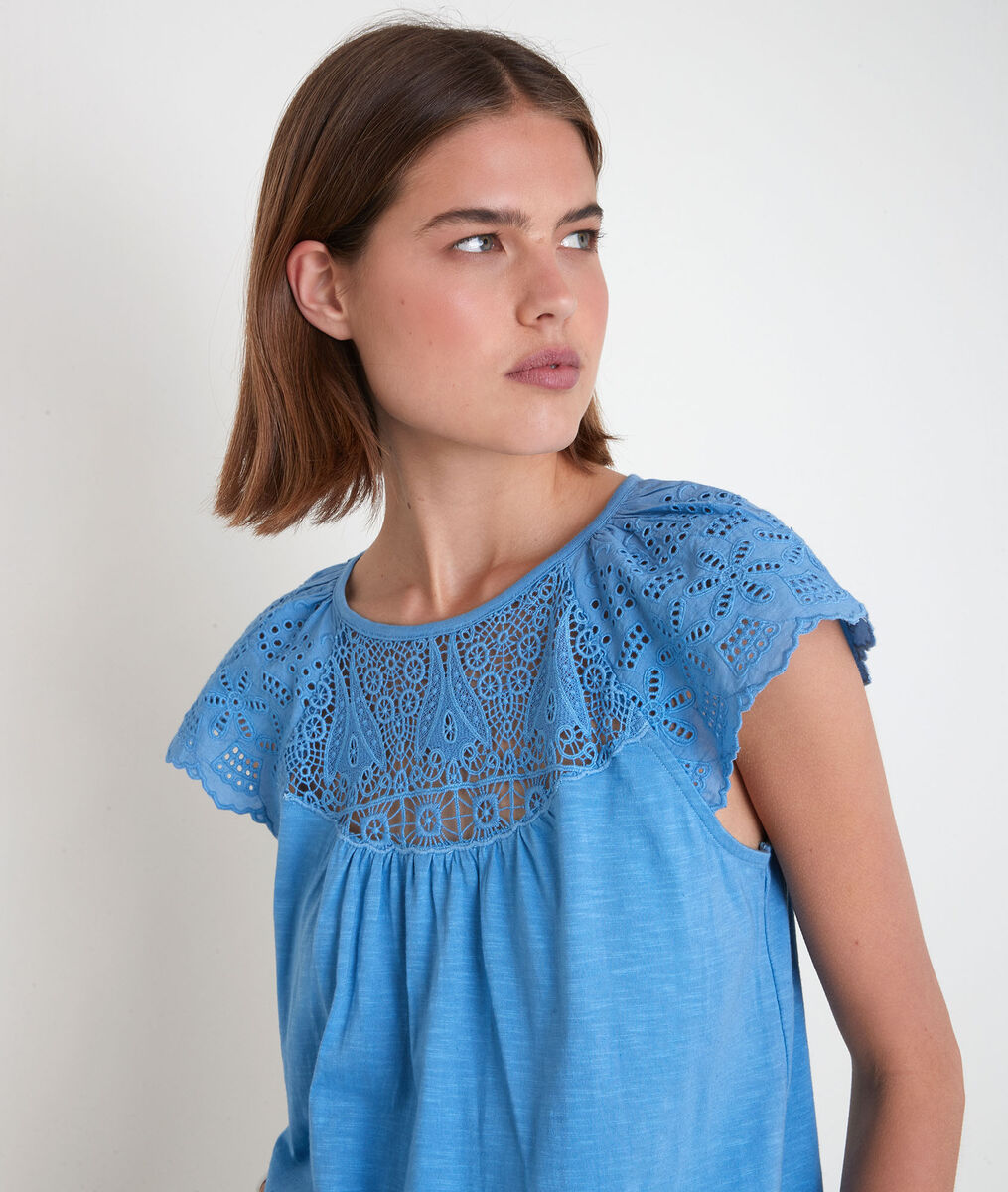 Blauw katoenen T-shirt met kant Ecume | 1-2-3 Blauw katoenen T-shirt met kant Ecume PhotoZ | 1-2-3