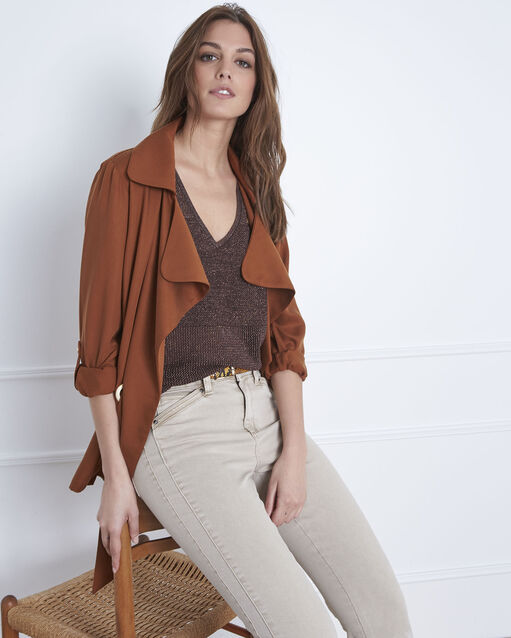 Pull marron encolure v en lurex amande mastic.