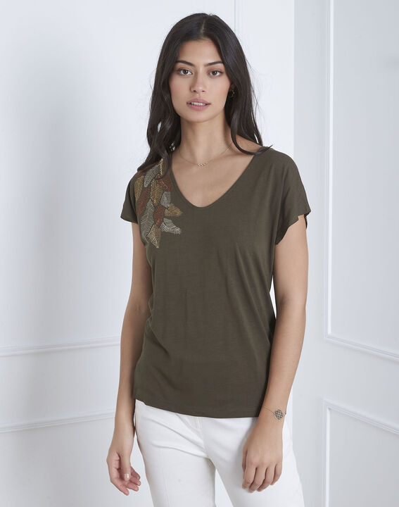 Tee-shirt kaki broderie plume Pandore | 1-2-3 Tee-shirt kaki broderie plume Pandore PhotoZ | 1-2-3